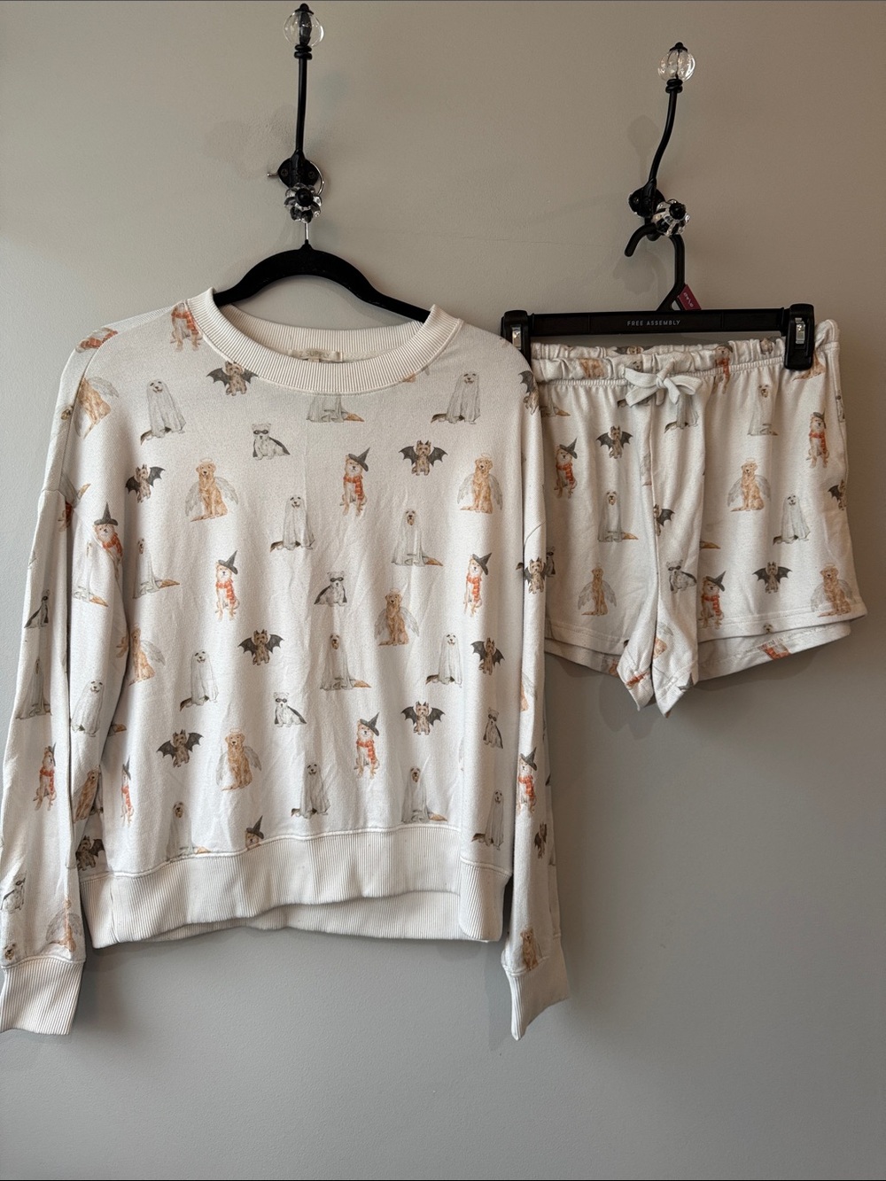 Z Supply Cream Dog Print Long-Sleeve Pajama Top & Shorts Set Halloween ghost bat